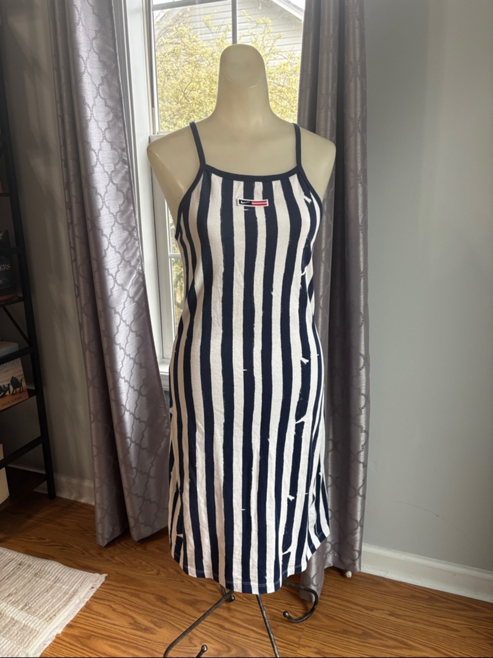 Nike Navy & White Striped Femme Americana Cami Dress Size Medium Midi 90s